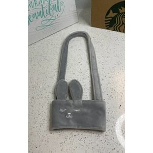 Starbucks Gray Fuzzy Bunny Face & Ears To-Go Cup Carrying Sleeve w/Handle-Taiwan